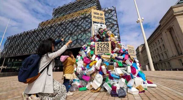 Giant sculpture appears in Birmingham to highlight laundry plastic issue