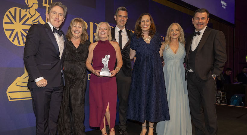 From left: Awards host Rob Brydon; Tracey Smith, CEO Schools & Universities, Sodexo UK&I; Angela Halliday, Responsible Business & Partnerships Director, Sodexo UK&I; Sandy Robson, Executive Director, Heritage Portfolio, Sodexo Live! UK; Melanie Duffett, Brand & Corporate Affairs Director, Sodexo UK&I; Clare Belford, Early Careers & Apprenticeships Business Partner, Sodexo UK&I; and Tony Simpson, Chief Operating Officer, Justice, Sodexo UK&I.