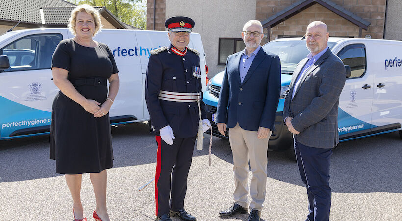 From left: Claire Forbes, Perfect Hygiene Director; Sandy Manson, Lord-Lieutenant of Aberdeenshire; Steve Kennedy, Managing Director of Perfect Hygiene; and Stewart Gardiner, Commercial Director at Perfect Hygiene. (Picture: Rory Raitt)